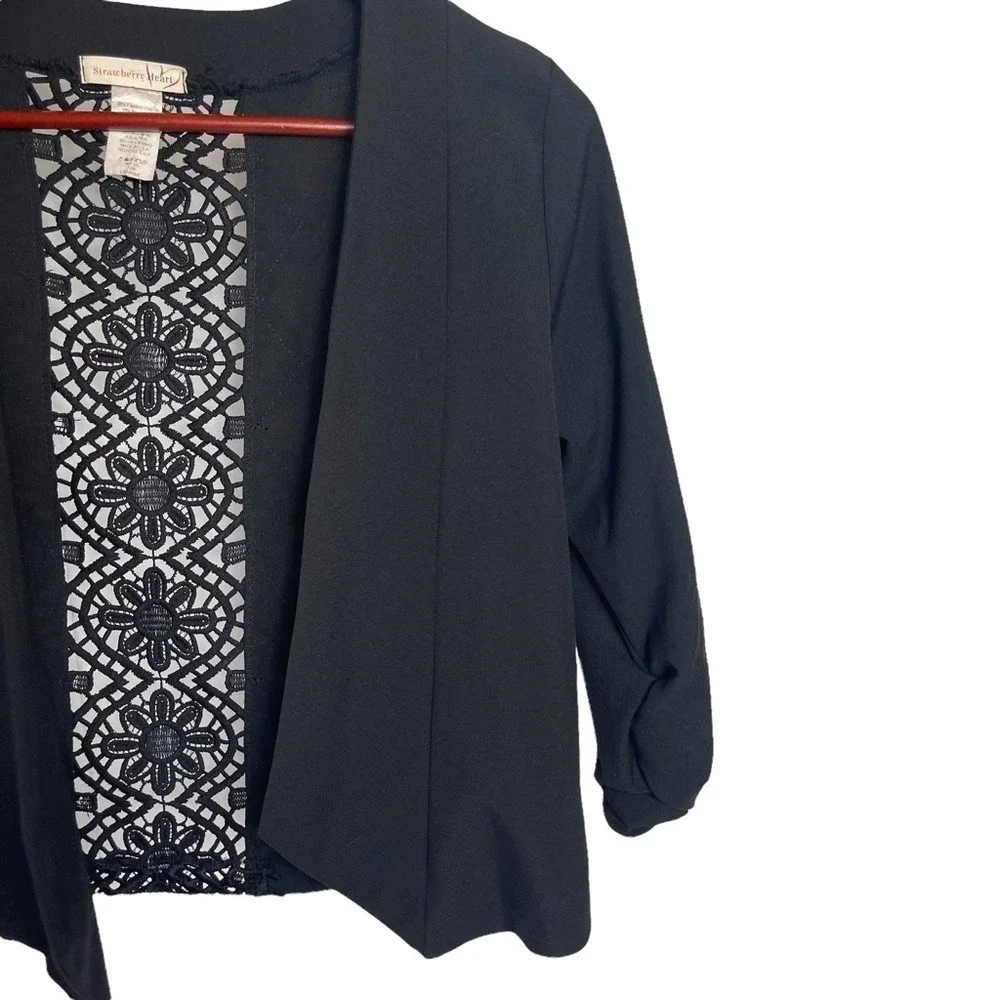 Vintage Black Open Front Lace Detail Cropped Jacket Dark Academica Romantic Edgy